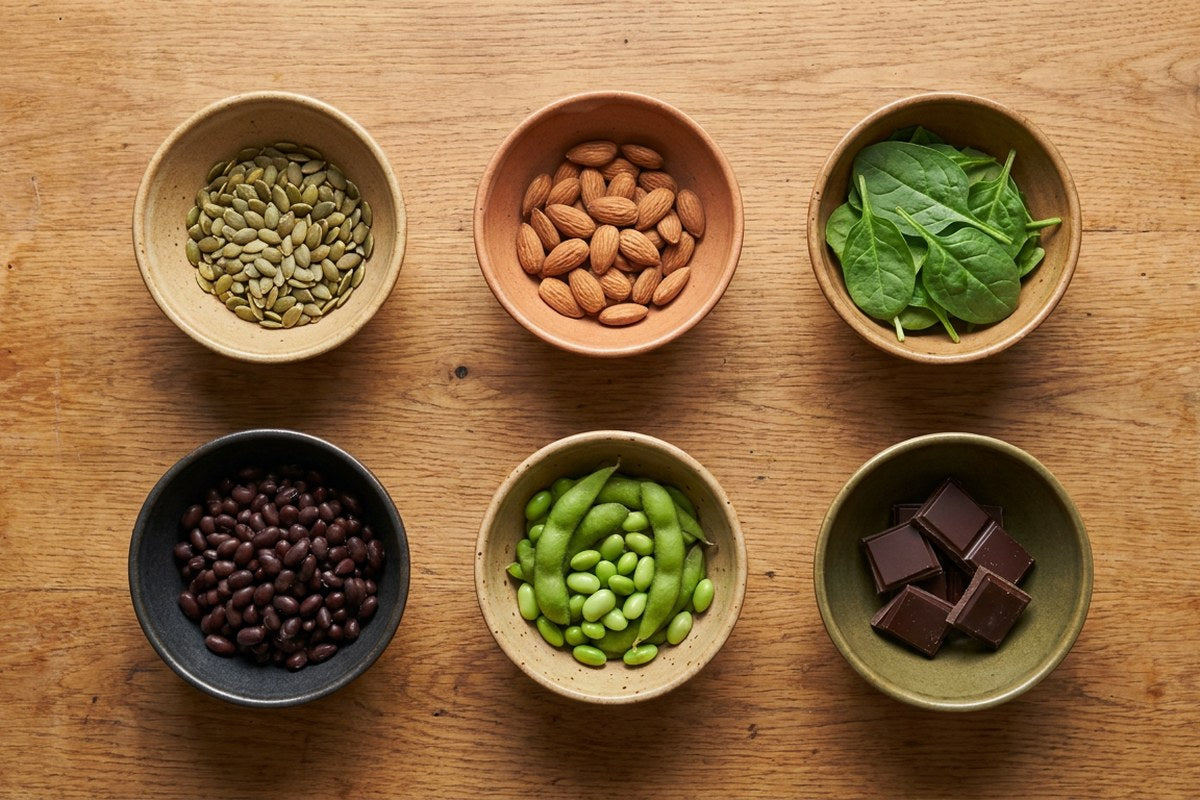 Magnesium-rich foods arranged in small bowls on a warm surface, Desert Harvest menopause nutrition