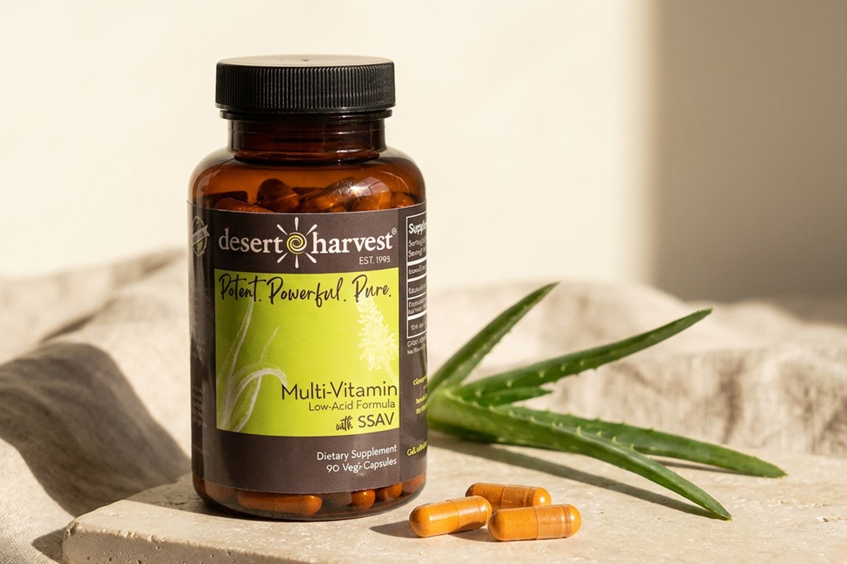 Desert Harvest Multi-Vitamin Low Acid bottle with Aloe Vera leaf and capsules on pale stone