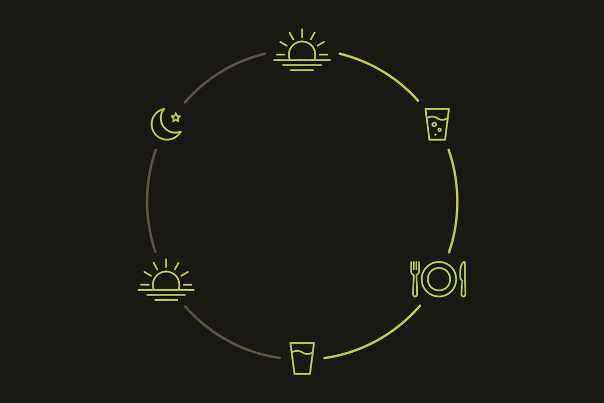 Circular diagram of a daily hydration and rest rhythm for urinary wellness, by Desert Harvest