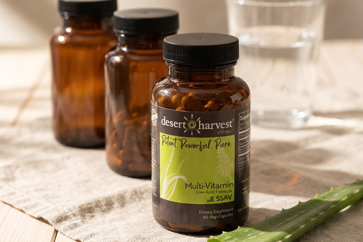 Three Desert Harvest supplement bottles with Aloe Vera and a water glass on a warm linen surface