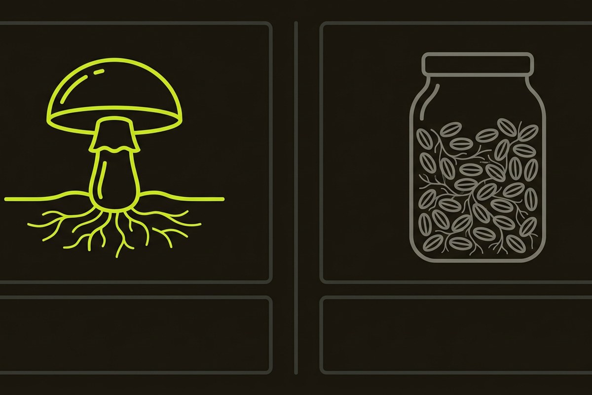 Comparison diagram of mushroom fruiting body versus grain-grown mycelium, by Desert Harvest