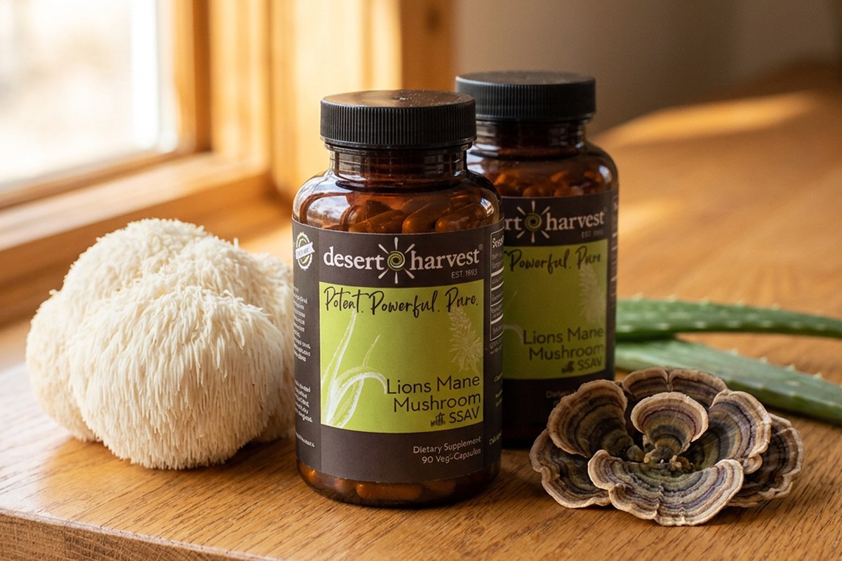 Desert Harvest Lion's Mane and Turkey Tail bottles with fresh mushrooms on warm oak