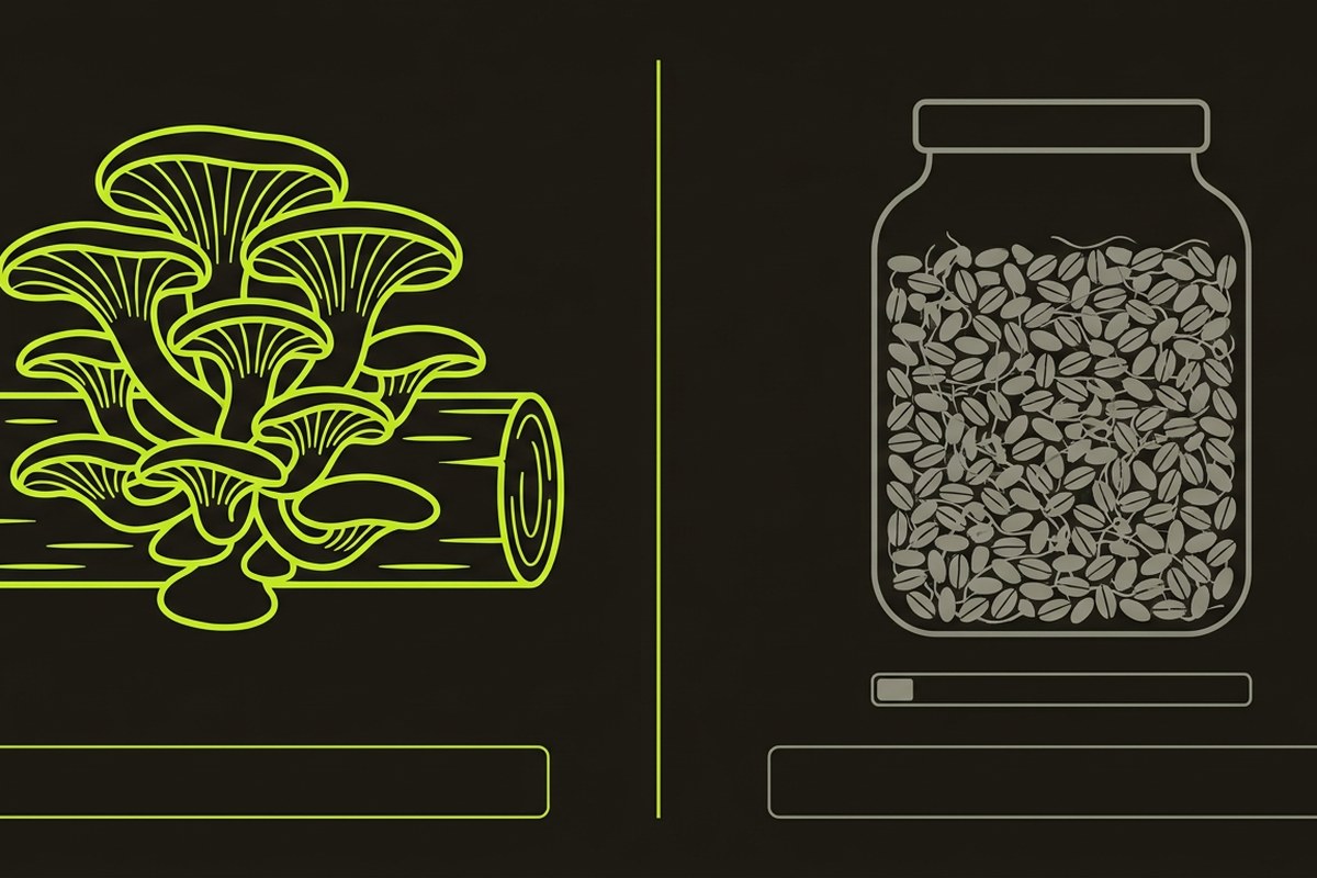 Diagram comparing mushroom fruiting body with grain-grown mycelium, Desert Harvest education