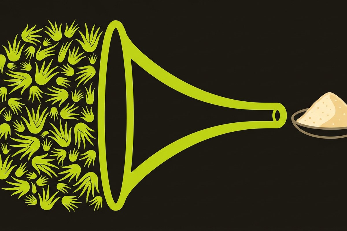 Desert Harvest infographic illustrating a 200 to 1 Aloe Vera concentration ratio as leaves reducing to powder