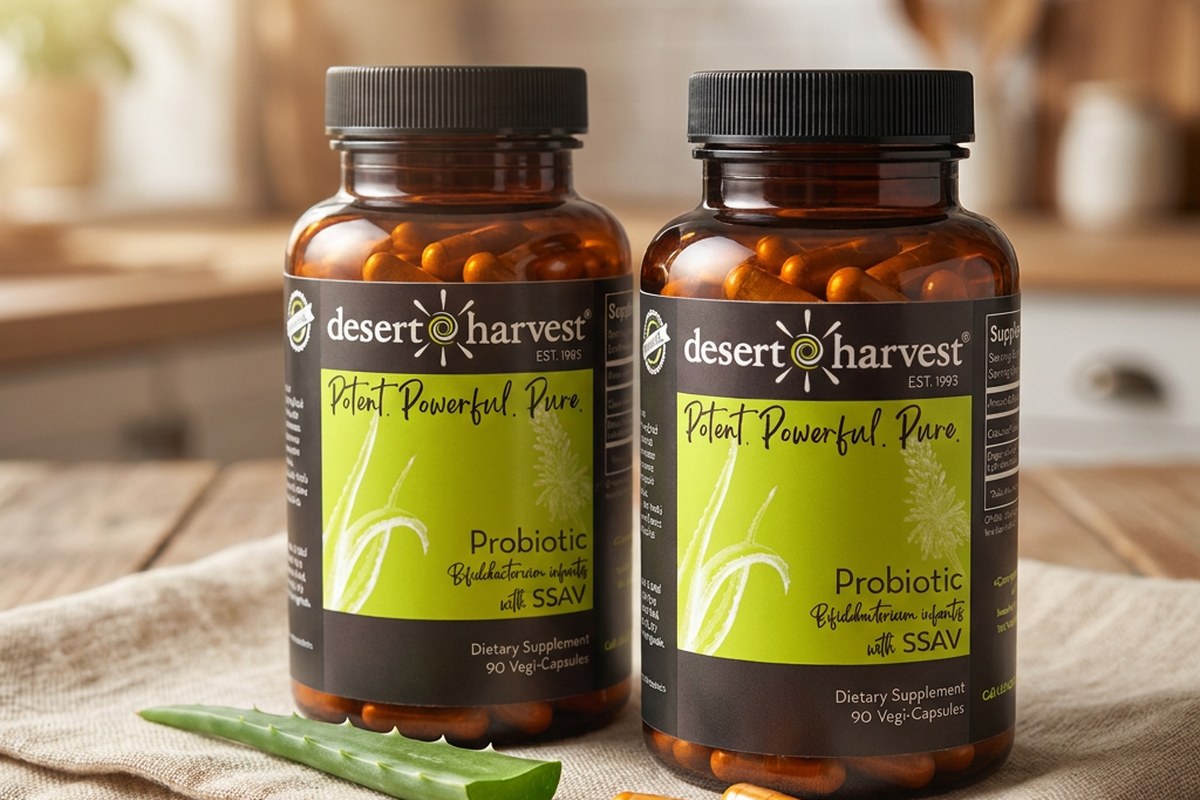 Desert Harvest Quercetin and Probiotic bottles side by side with fresh Aloe Vera on a linen cloth