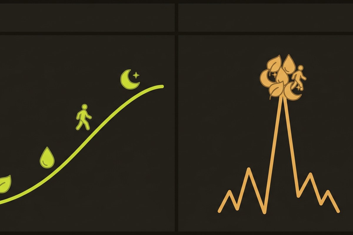 Desert Harvest comparison graphic contrasting steady daily gut habits with short intense interventions