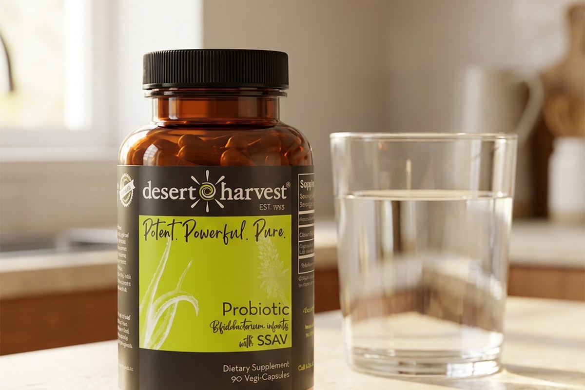Desert Harvest Probiotic 1 Billion CFU bottle on a kitchen counter beside a glass of water