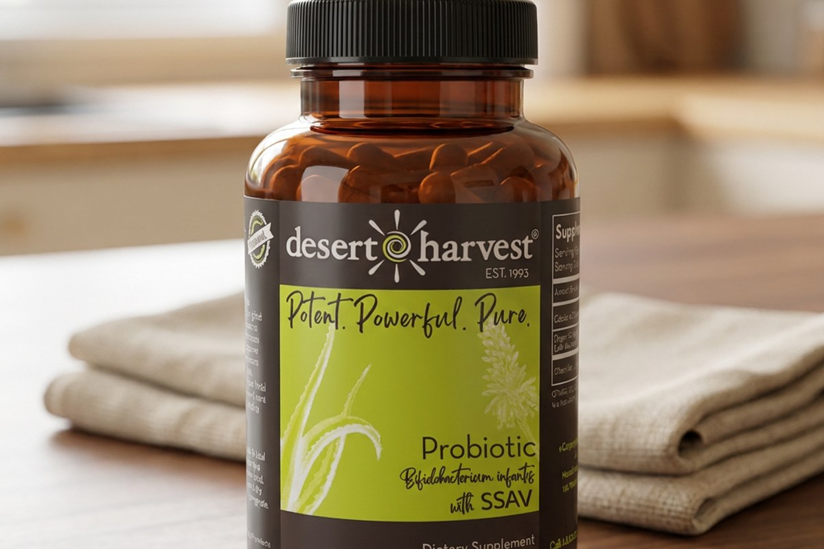 Desert Harvest Probiotic bottle beside a single capsule on a warm wooden table in daylight