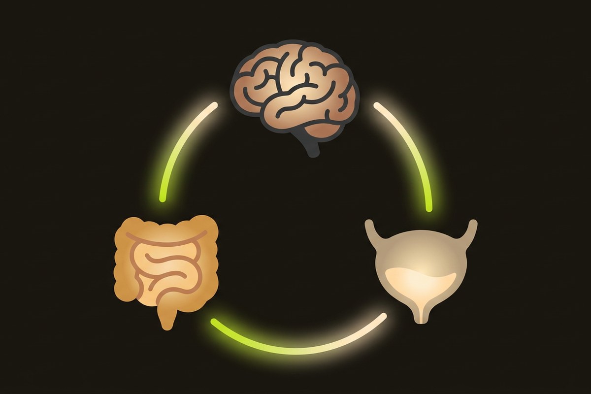Desert Harvest diagram of the gut-brain-bladder communication loop showing three connected organs