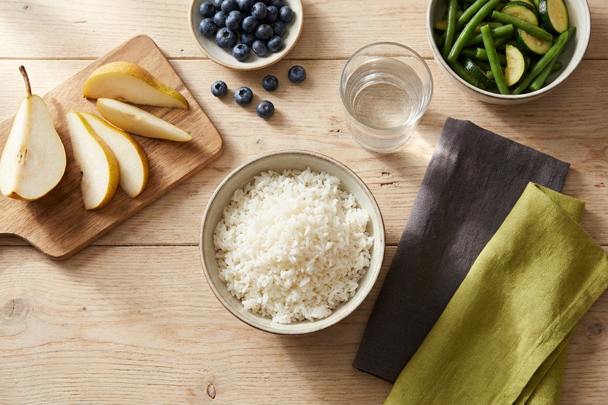 Overhead flat lay of bladder-friendly foods including rice, pear, blueberries and water