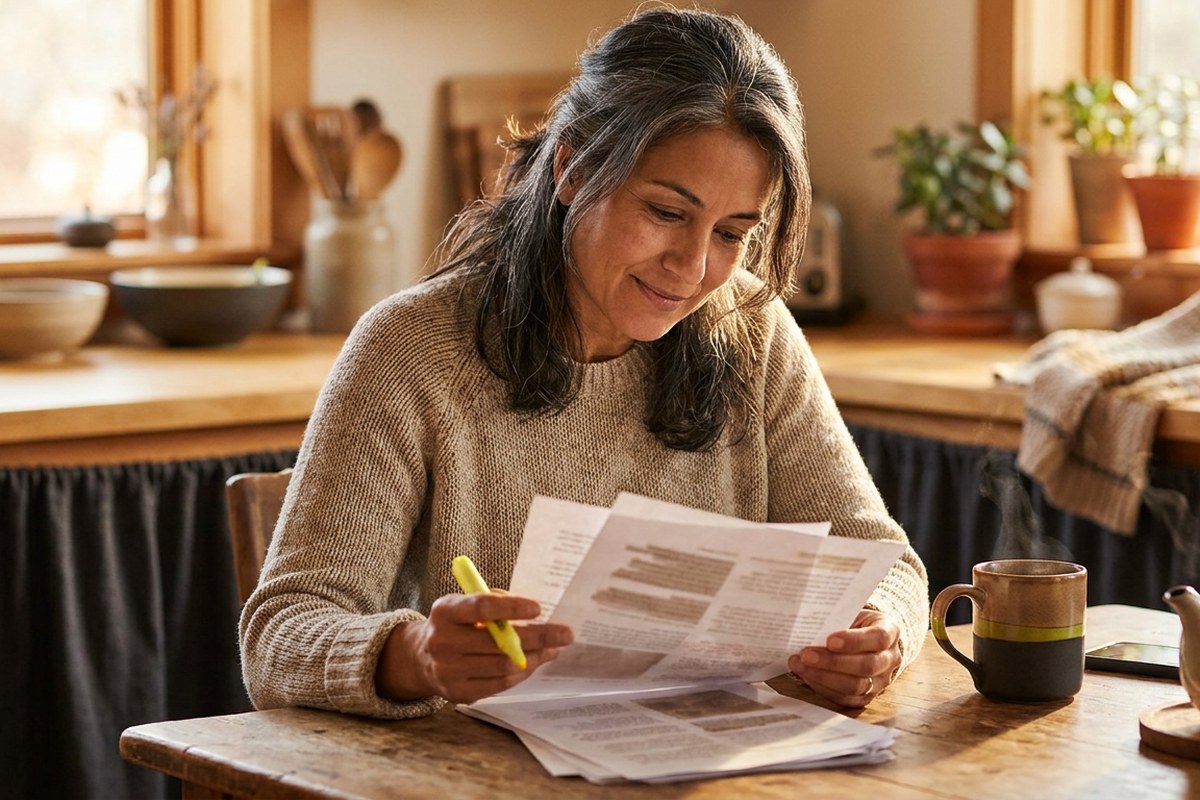 Woman thoughtfully reviewing printed research pages at her kitchen table
