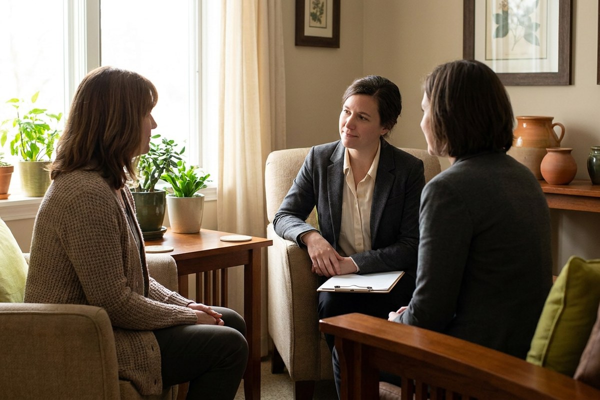 Woman in a supportive conversation with her healthcare provider about menopause-related bladder changes