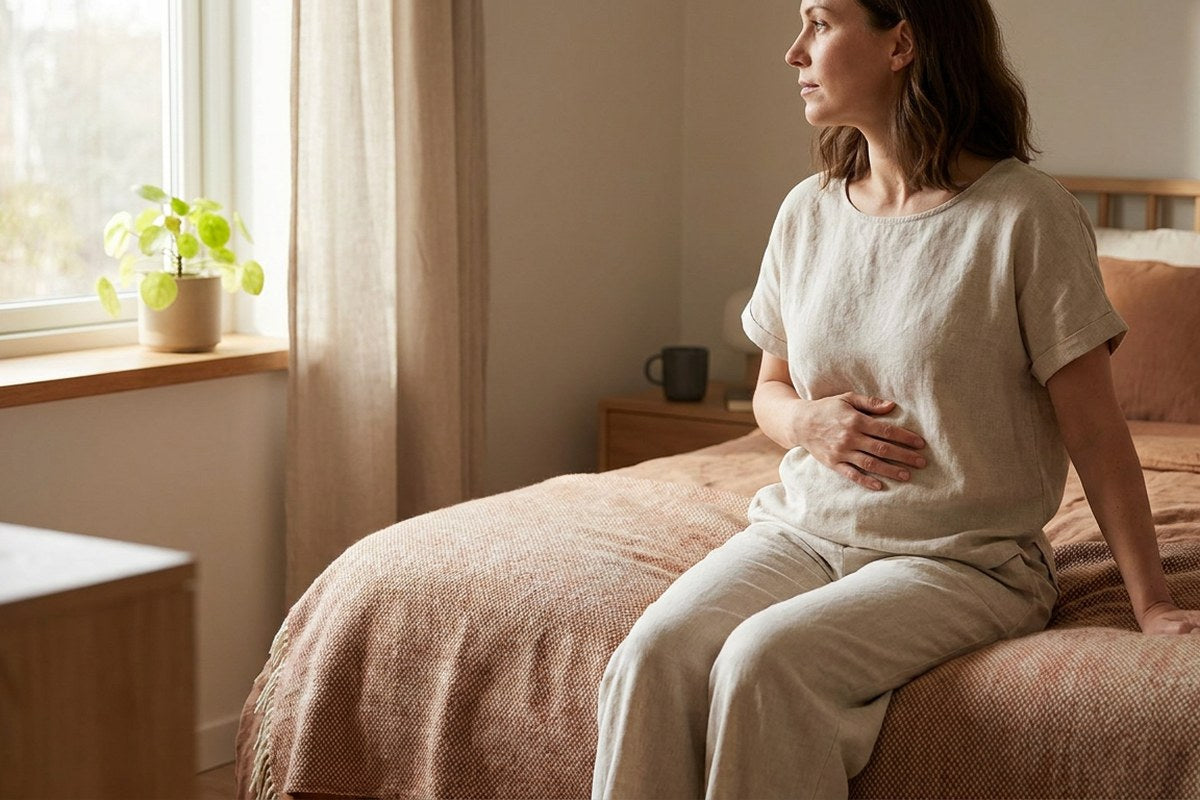 Woman sitting thoughtfully at home, representing the lived experience of recurrent bladder discomfort