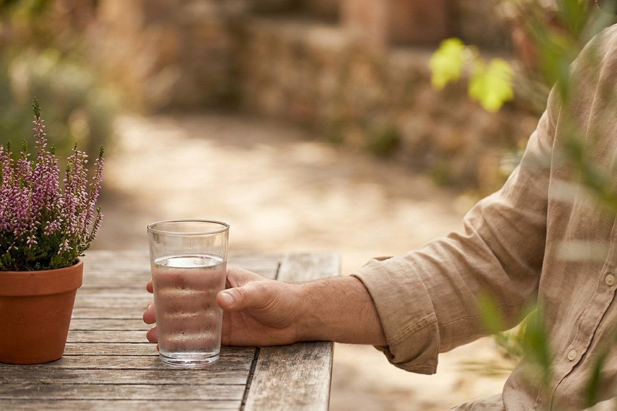 Glass of water beside a blooming heather plant, representing everyday urinary tract wellness habits