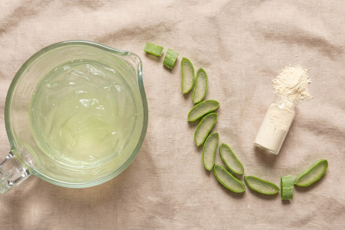 Visual scale comparison between a large volume of fresh Aloe Vera gel and a small amount of finished powder