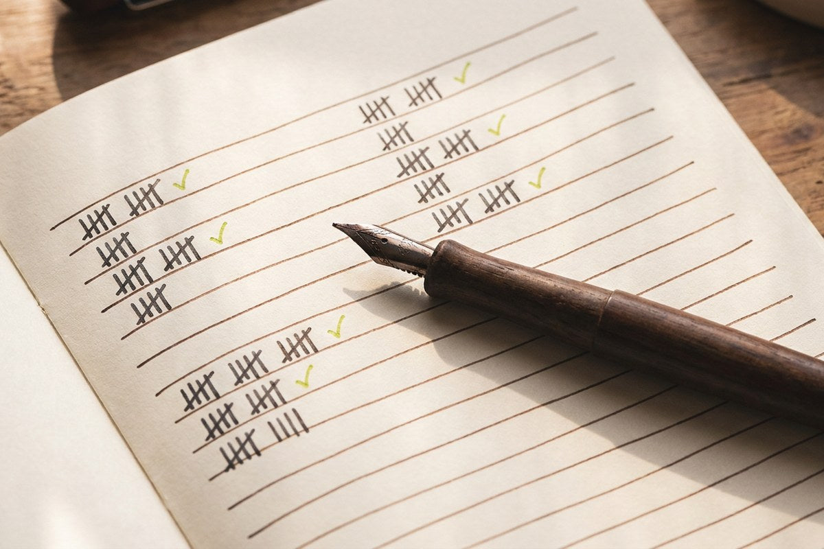 Close-up of a hand-tracked symptom and voiding diary page with tally marks