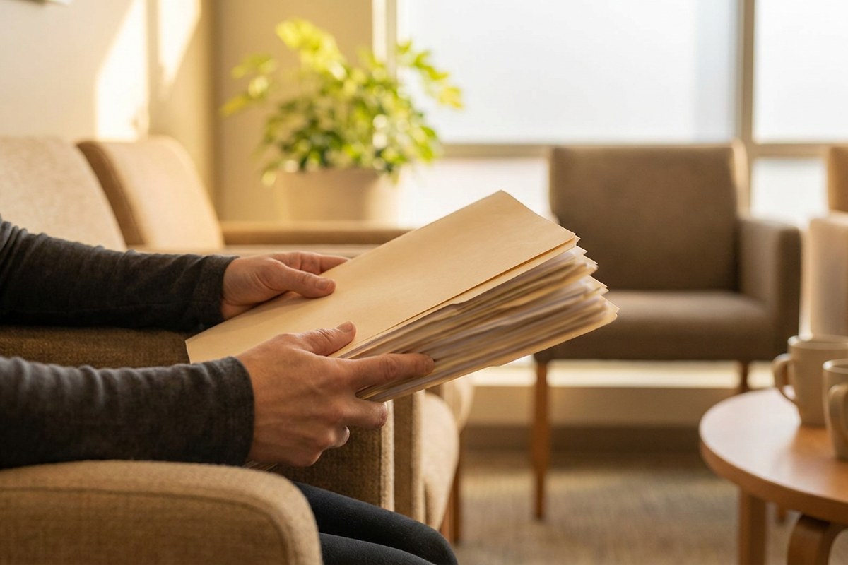 Patient holding a folder of medical records and test results before a urology appointment