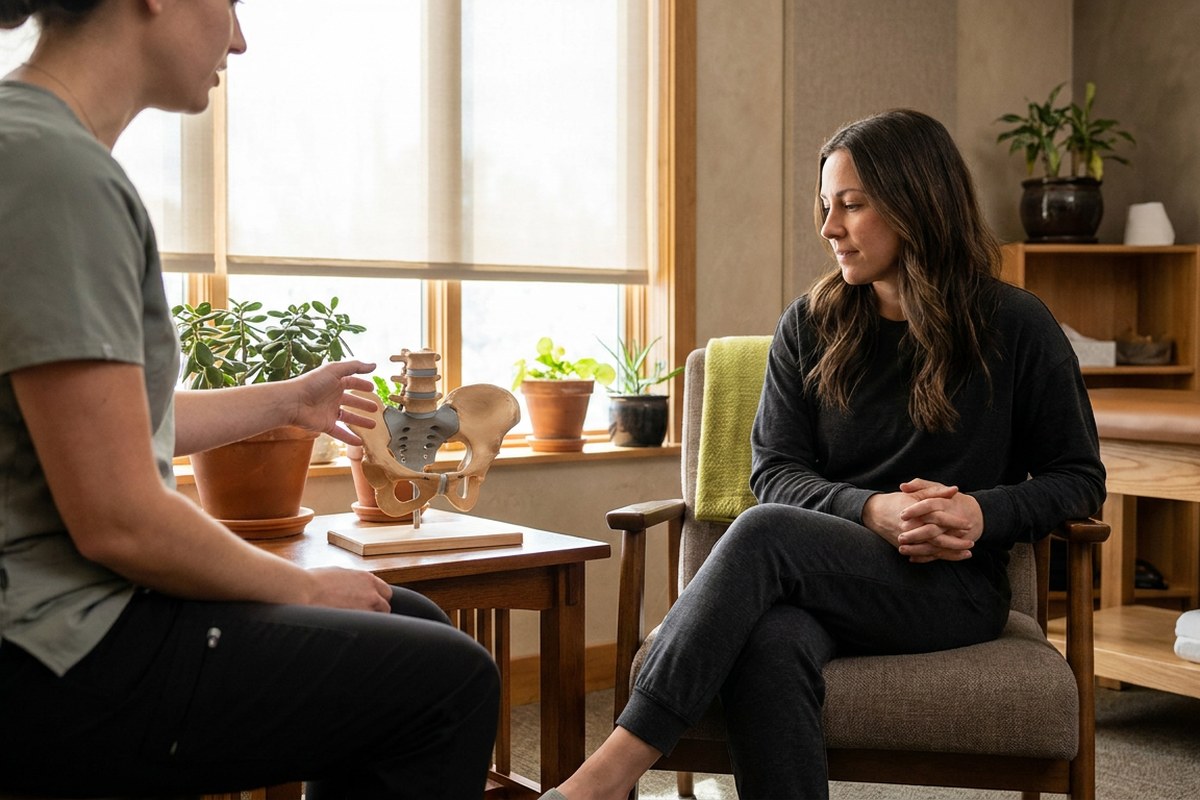 A pelvic floor physical therapist explaining treatment options to a seated patient in a calm clinic room