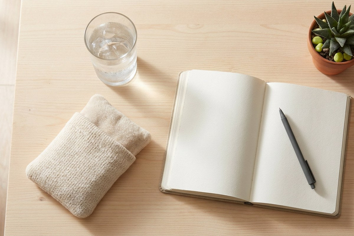 Flat-lay of a gentle morning routine supporting daily bladder comfort — water, warmth, and a symptom journal