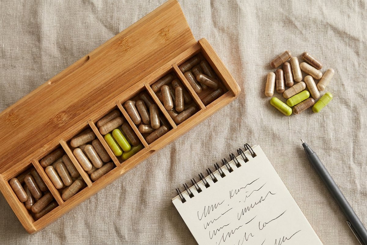 Weekly pill organizer and supplement capsules laid out for a medication list