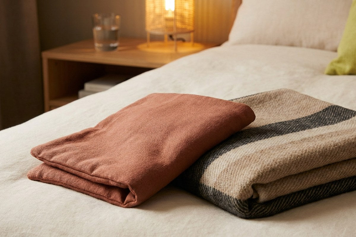 Heating pad and bedside water glass set up for nighttime bladder comfort, Desert Harvest