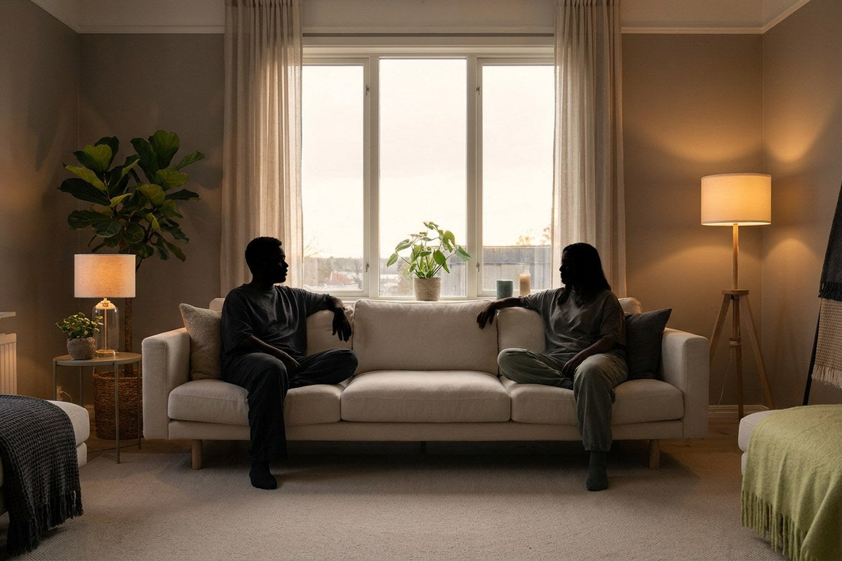 Two silhouettes talking calmly on a sofa at dusk, open partner communication about IC/BPS, Desert Harvest