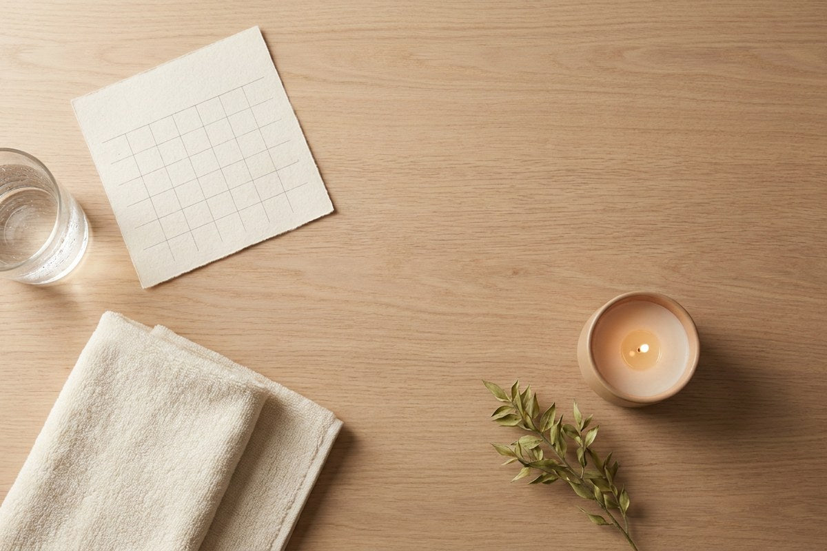 Flat-lay of a calendar, water and a candle, a calm planned intimacy routine with IC/BPS, Desert Harvest