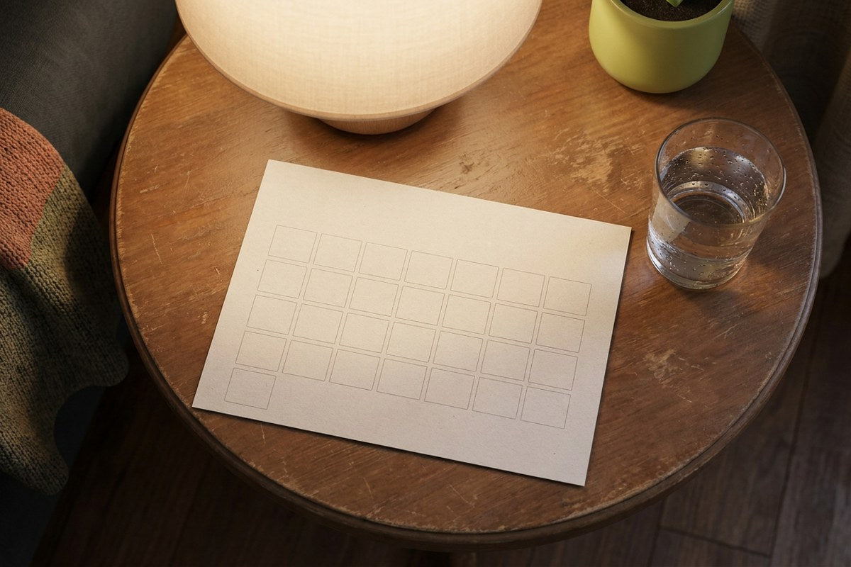 A calendar and glass of water on a nightstand representing a daily hydration habit, Desert Harvest