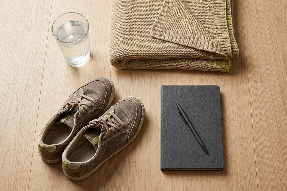 Flat-lay of water, walking shoes and a notebook representing daily wellness habits, Desert Harvest
