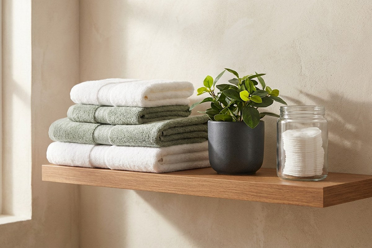 A calm bathroom shelf with towels and a plant, a Desert Harvest wellness routine scene