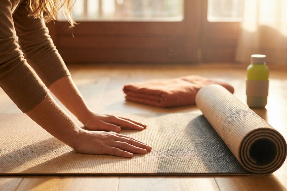 Close-up of hands on a yoga mat during gentle stretching, a Desert Harvest wellness image