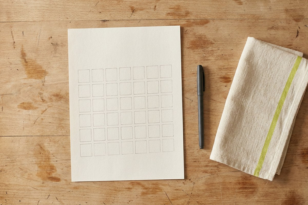 A blank calendar grid on a table, symbolizing cycle tracking, a Desert Harvest wellness image