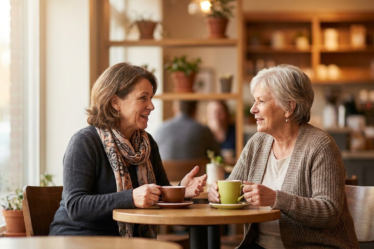 Two women talking over coffee, a Desert Harvest menopause conversation lifestyle scene