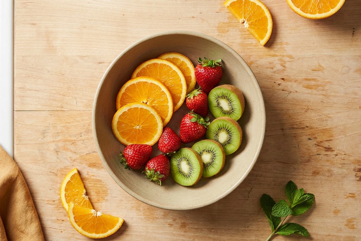 Bowl of vitamin C-rich fruit on a kitchen counter, a Desert Harvest wellness image
