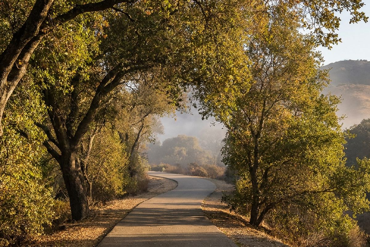 A quiet tree-lined walking path in morning light, a Desert Harvest wellness image