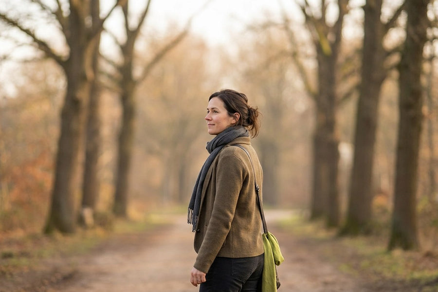 A woman walking on a quiet autumn path