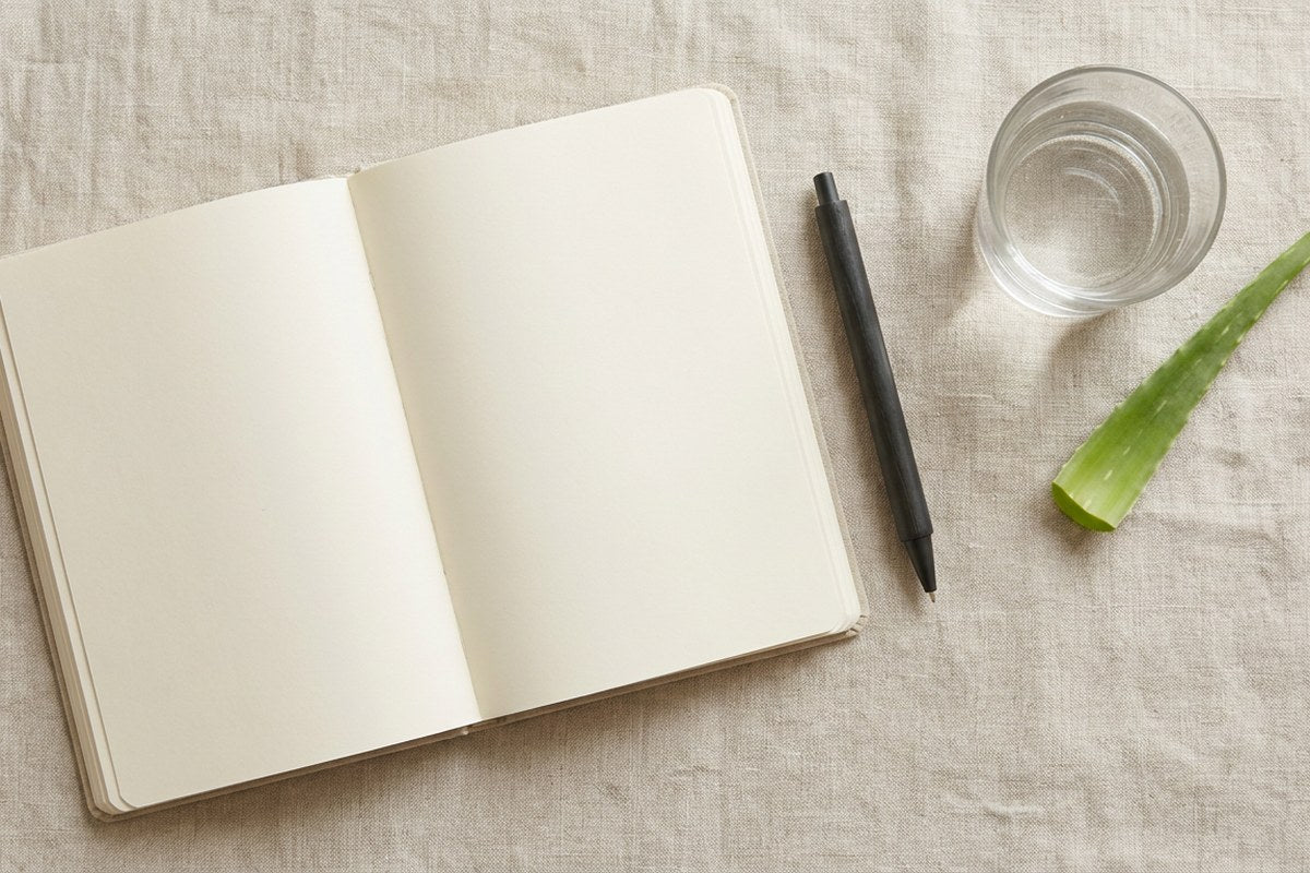 An open notebook and pen beside a trimmed Aloe Vera leaf, Desert Harvest