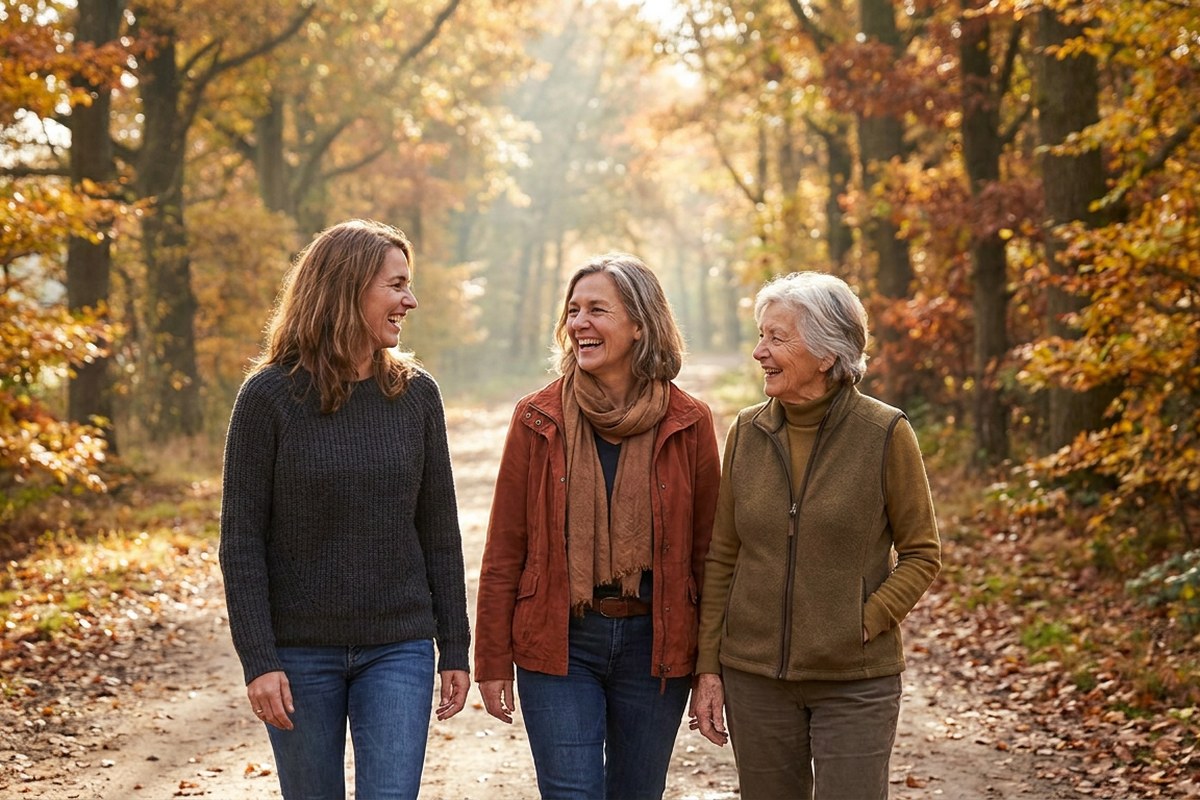 Three women walking together on an autumn path