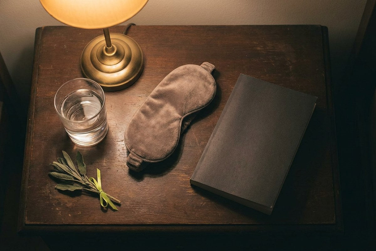 Bedside lamp, water glass and sleep mask at night, a Desert Harvest feature on menopause and sleep