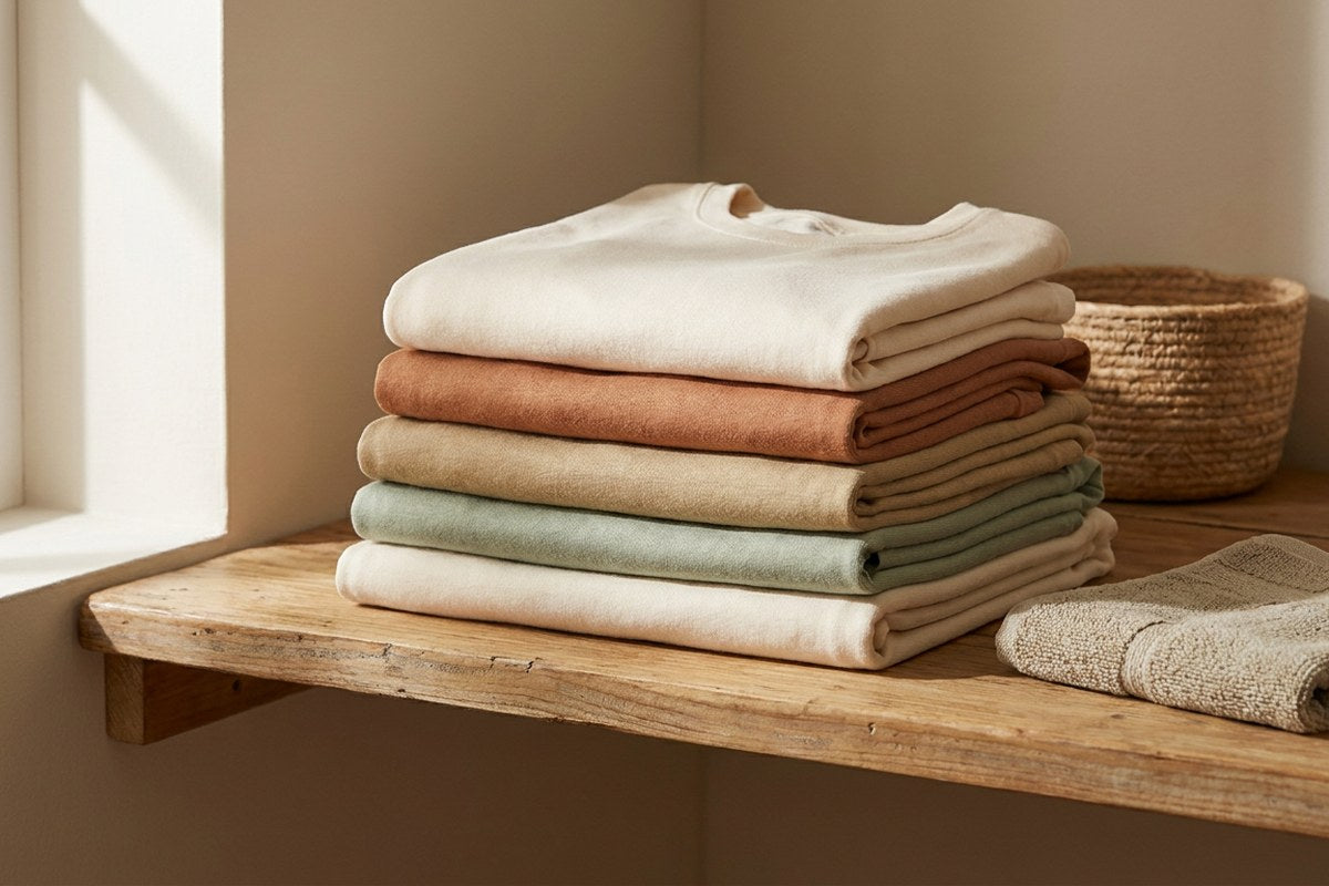 Folded soft cotton garments on a shelf, a Desert Harvest feature on daily bladder comfort