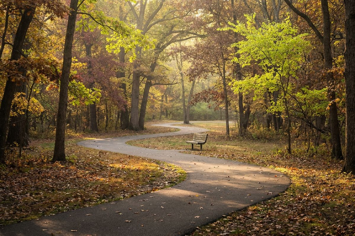 Quiet autumn walking path, a Desert Harvest feature on daily habits during menopause