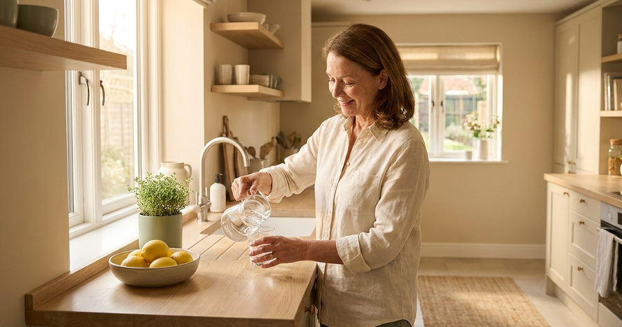 A woman pouring a glass of water in a bright kitchen