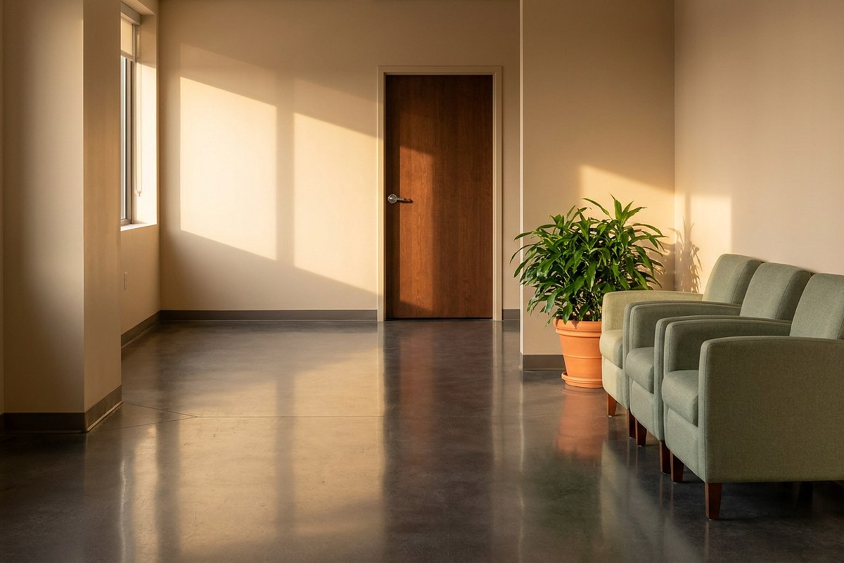 Empty clinic corridor with sage waiting chairs, a Desert Harvest feature on asking about Skene's glands