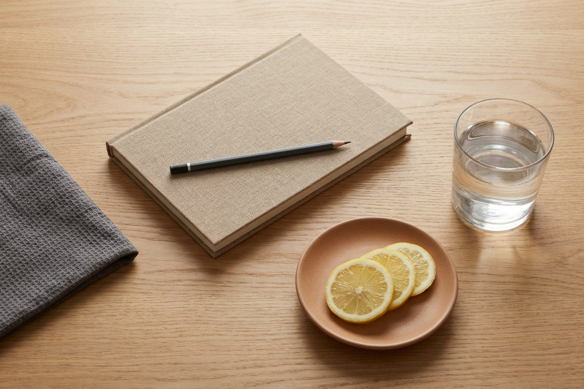 Notebook, pencil and a glass of water on a kitchen table, a Desert Harvest feature on tracking urinary symptoms