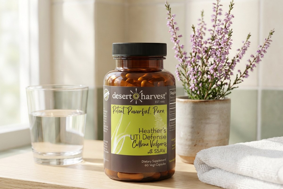 Heather's UTI Defense on a bathroom shelf beside heather sprigs and water, from Desert Harvest