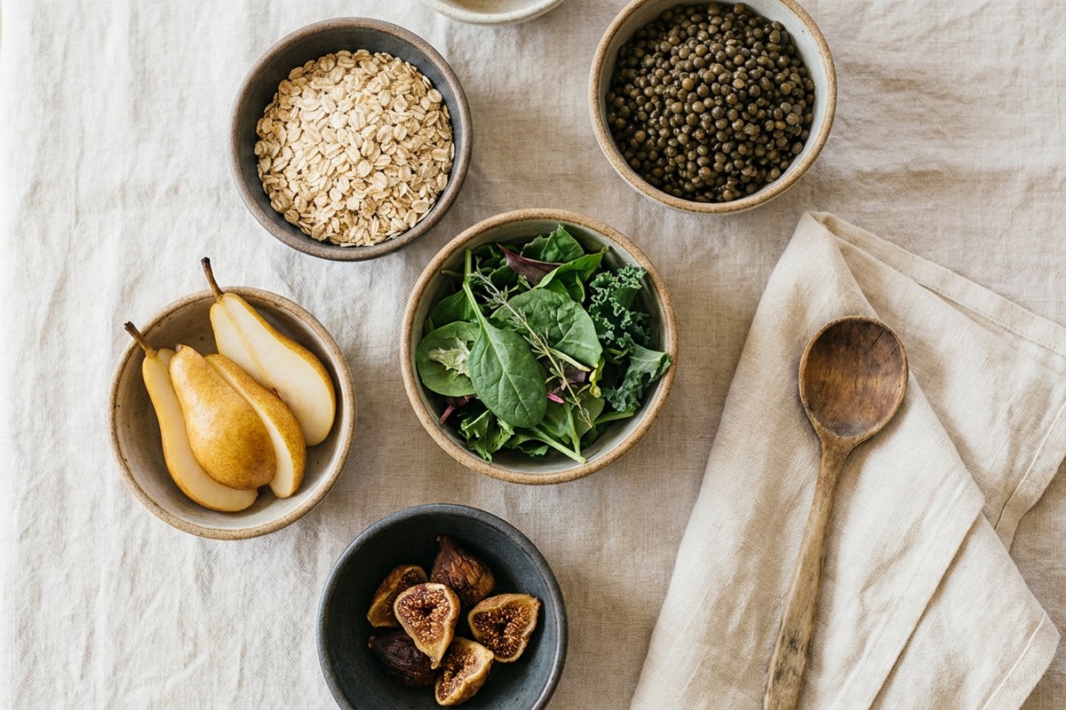 Overhead flat lay of fibre-rich foods including oats, lentils and pears, Desert Harvest