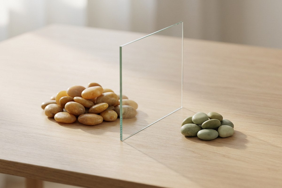 Two groups of stones separated by a pane of glass, a metaphor for separate supplies, Desert Harvest