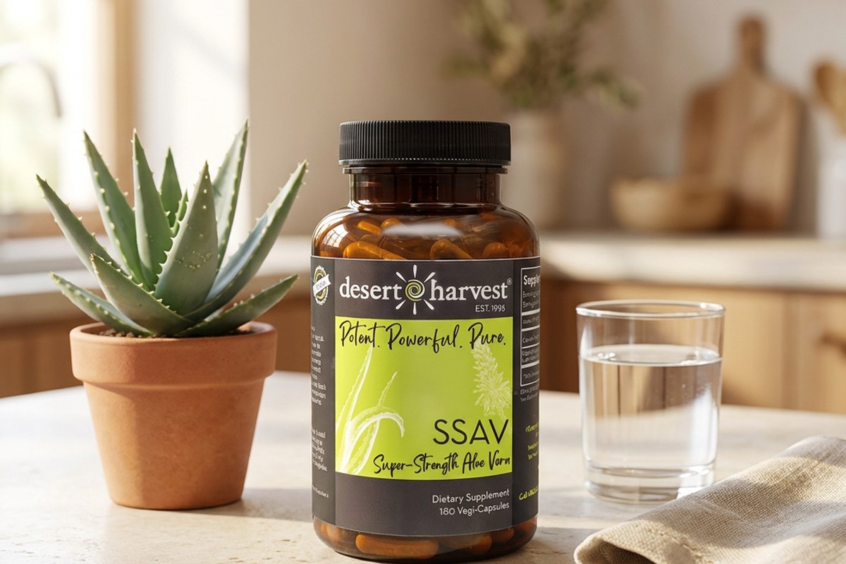 SSAV Super-Strength Aloe Vera on a kitchen counter beside an Aloe Vera plant, Desert Harvest