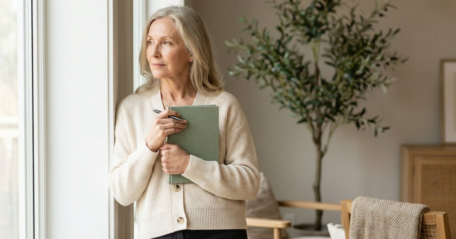 A woman standing by a bright window, holding a notebook