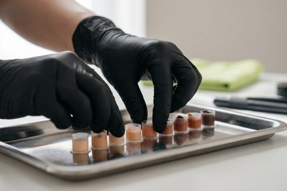 Gloved hands arranging skin-tone pigment caps, a Desert Harvest look at restorative tattooing